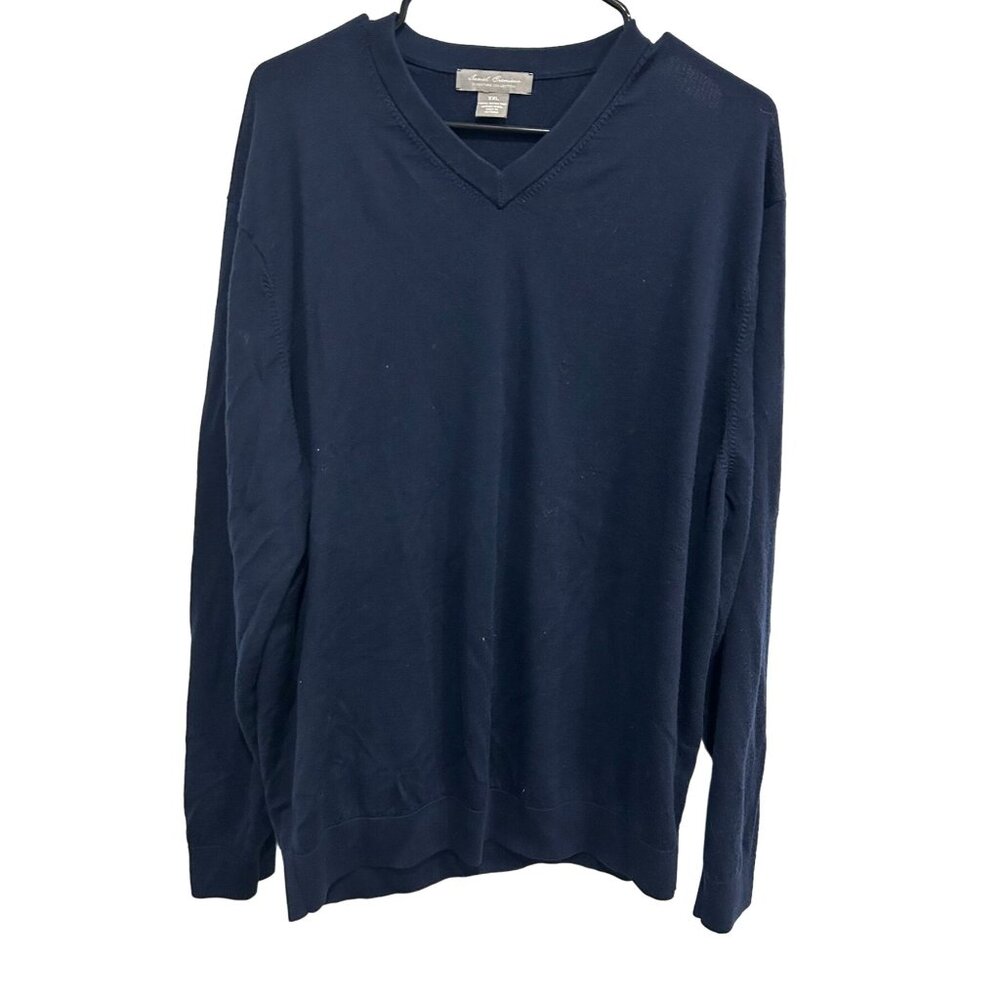 Lands End Mens Navy Blue Extra Fine Merino Wool V Neck Sweater Sz XXL